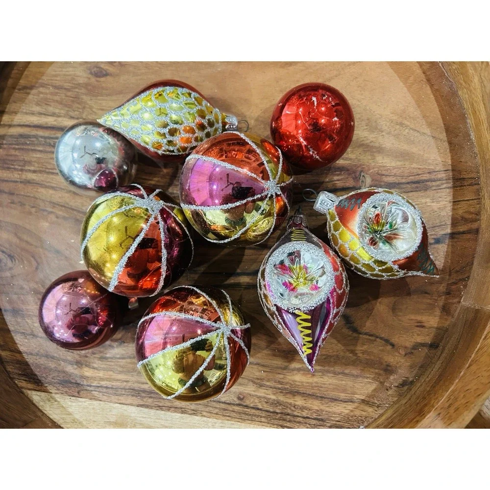 Vintage 1940s/1950s MCM Indented Glass Christmas Ornaments Lot of 9 Estate Find‎